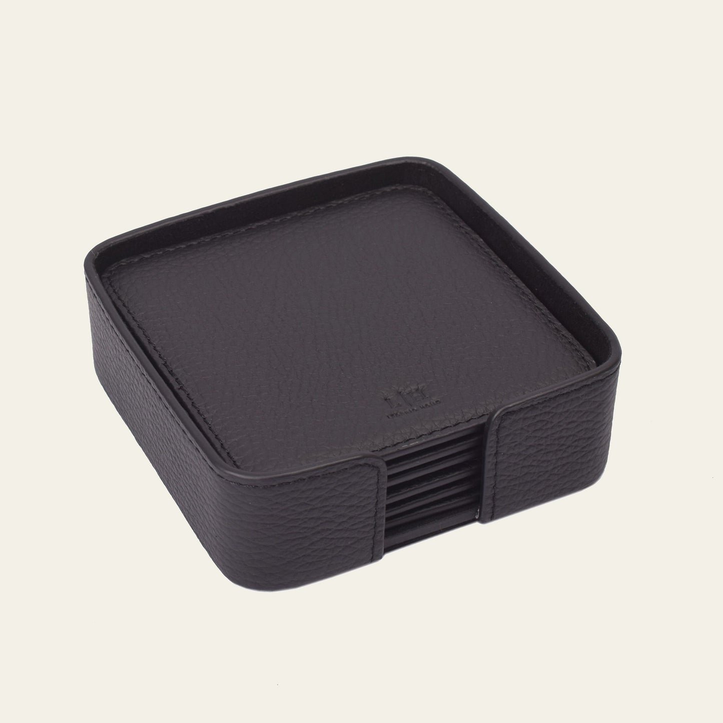 6 quadratische Leder-Glasuntersetzer im Set – inkl. Halter