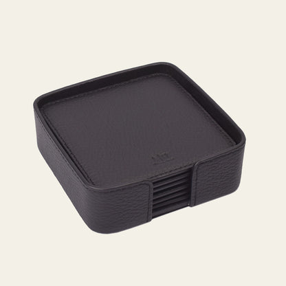 6 quadratische Leder-Glasuntersetzer im Set – inkl. Halter